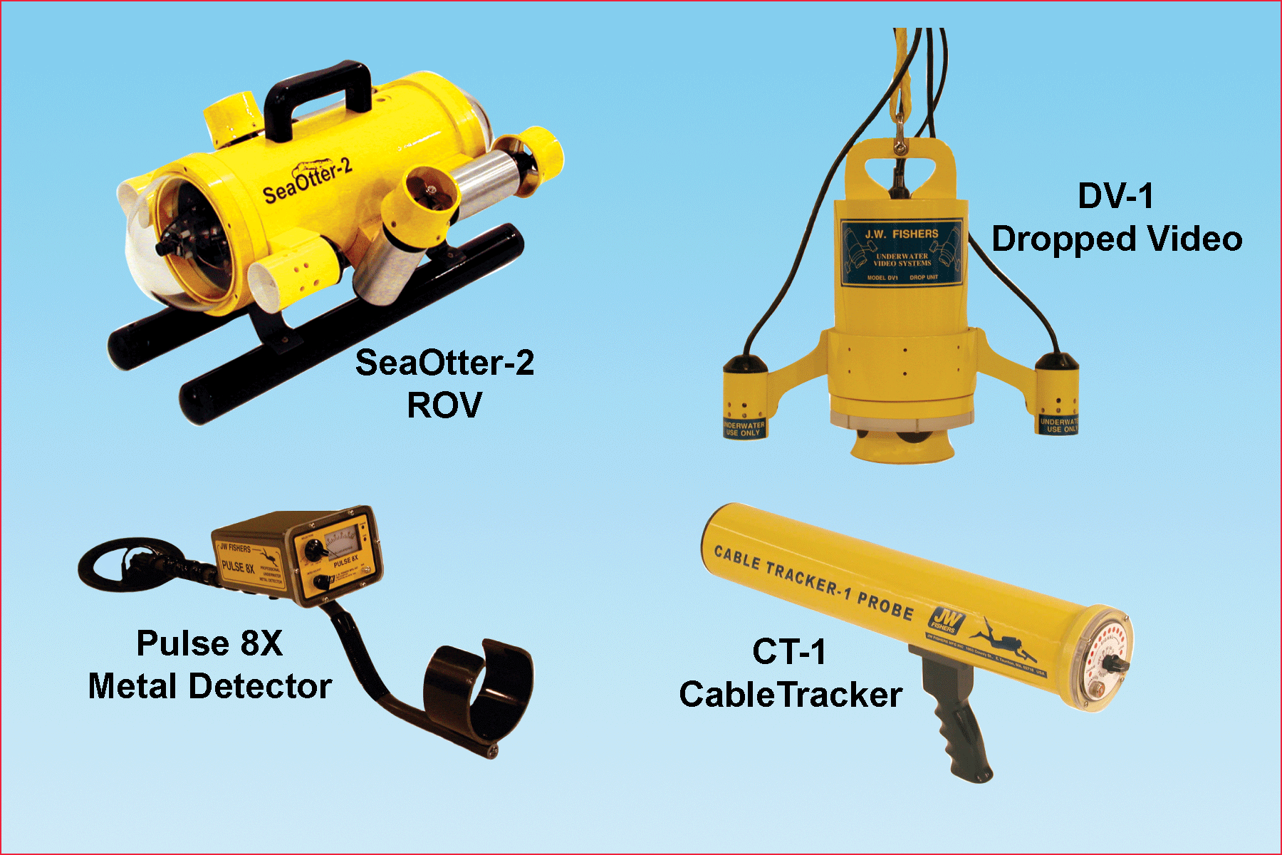 (Top Left) SeaOtter-2 ROV; (Top Right) DV-1 Dropped Video; (Bottom Left) Pulse 8X Metal Detector; (Bottom Right) CT-1 Cable Tracker