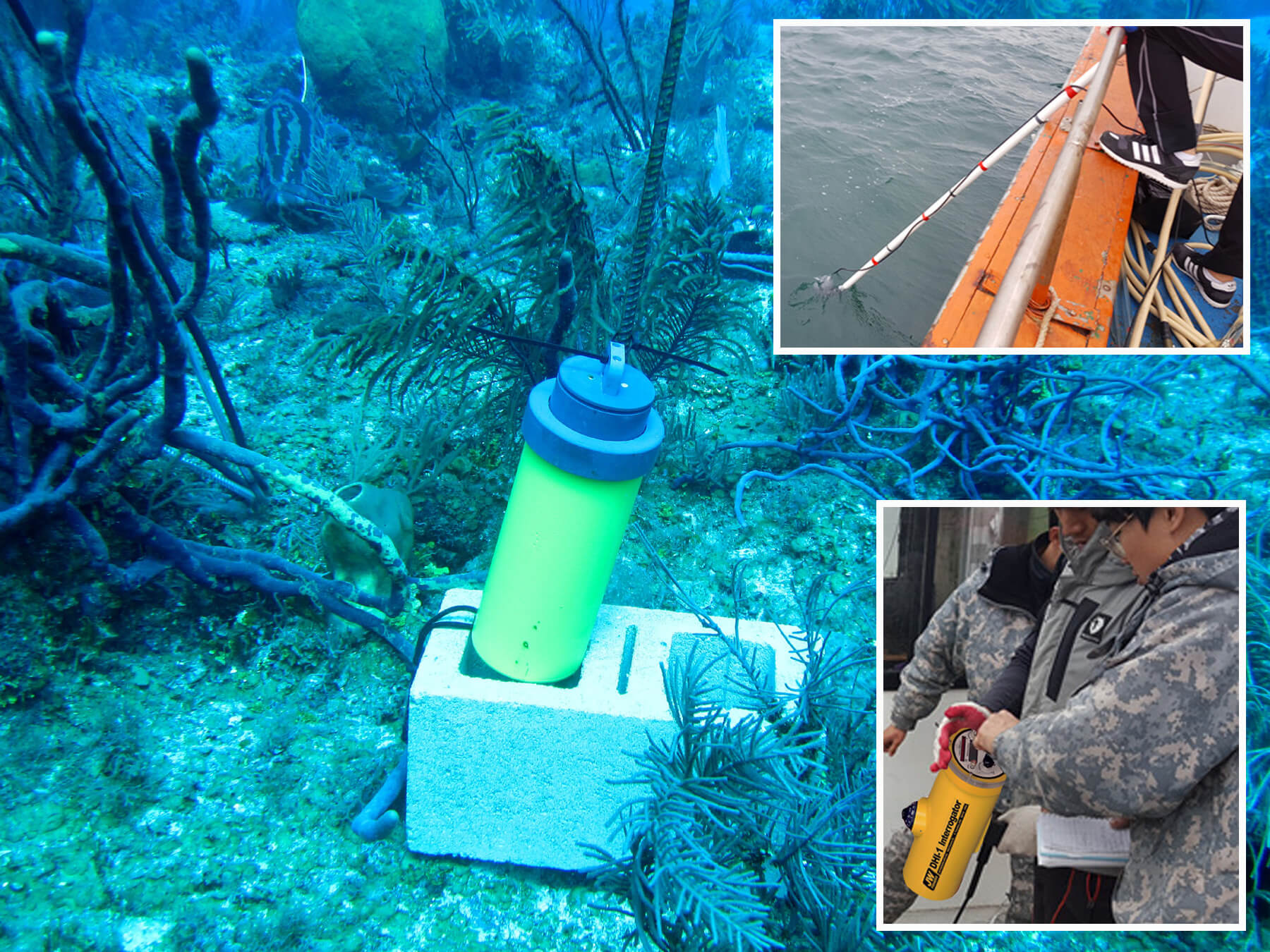 Scripps Institution of Oceanography's SFP-1 pinger deployed in Cayman Islands; Using the pinger receiver from the boat (bottom inset) with the remote hydrophone (top inset) to detect the pinger signal before sending a diver down