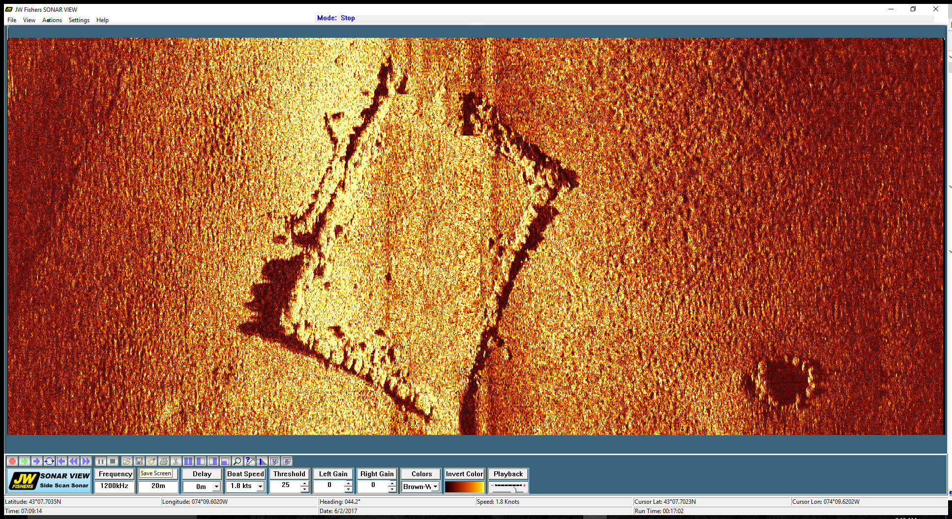 Sonar image of a house foundation and well on the floor of the Sacandaga Reservoir
