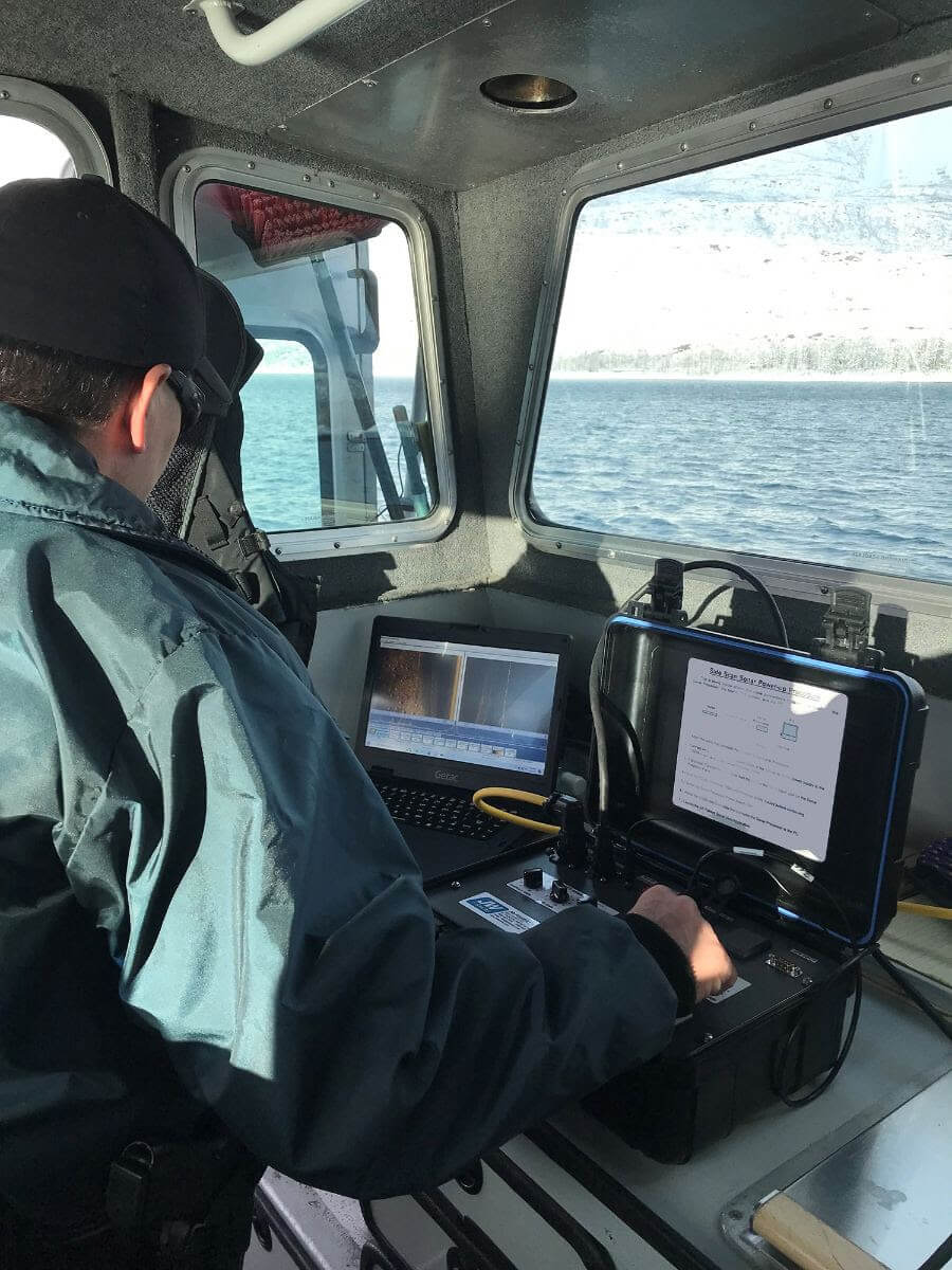 Reviewing the sonar waterfall display while surveying